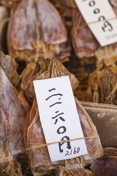 Dried fish, seafood product at market from Japan.

