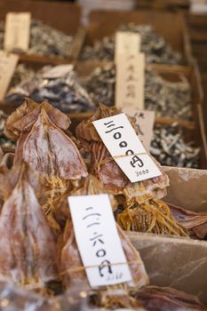 Dried fish, seafood product at market from Japan.

