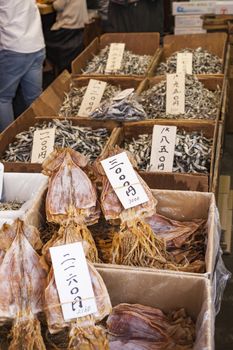 Dried fish, seafood product at market from Japan.

