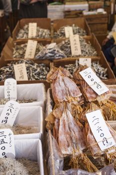 Dried fish, seafood product at market from Japan.

