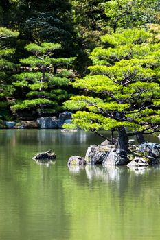 Japanese zen garden in kinkakuji temple park, Kyoto