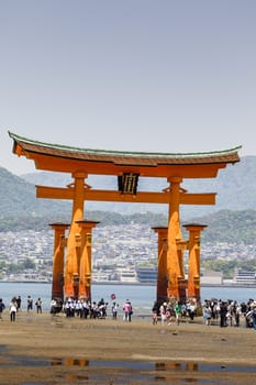 Miyajima, Famous big Shinto torii standing in the ocean in Hiroshima, Japan 