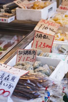 Raw seafood selling on market in Japan