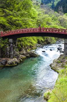 Red sacred bridge Shinkyo in UNESCO site of Nikko, Japan 