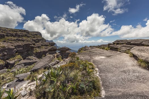 Trail down from the plateau Roraima passes under a falls - Venezuela, South America

