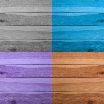 Grunge plank wood texture background. Collage of wooden surfaces four different colors