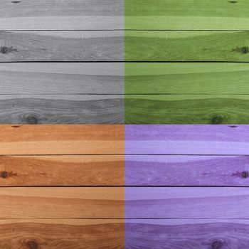 Grunge plank wood texture background. Collage of wooden surfaces four different colors