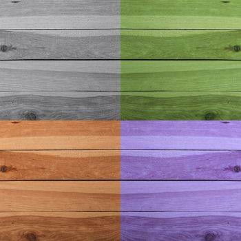 Grunge plank wood texture background. Collage of wooden surfaces four different colors