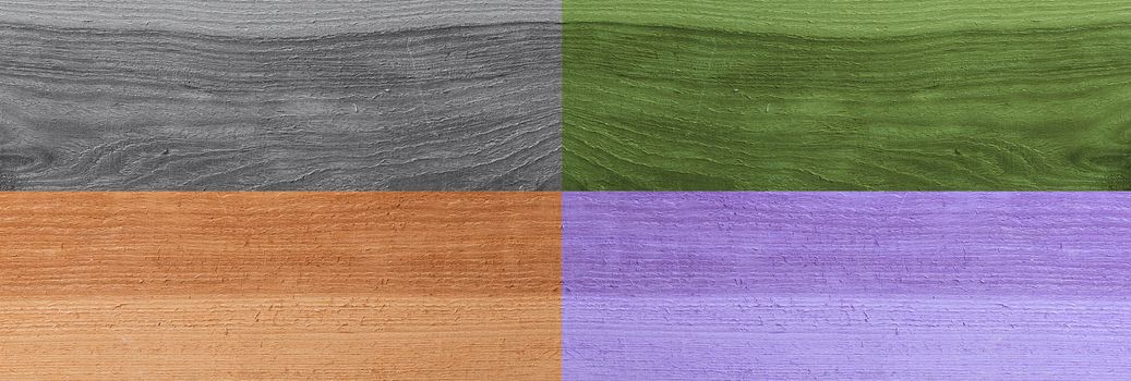 Grunge plank wood texture background. Collage of wooden surfaces four different colors