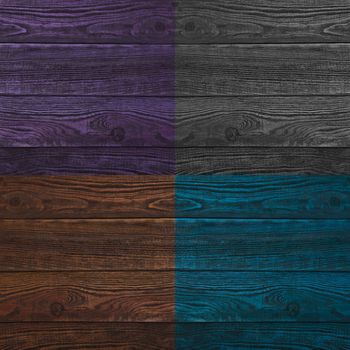 Grunge plank wood texture background. Collage of wooden surfaces four different colors