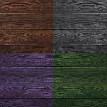 Grunge plank wood texture background. Collage of wooden surfaces four different colors