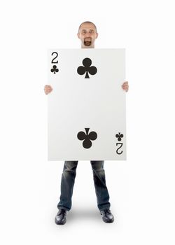 Businessman with large playing card - Two of clubs