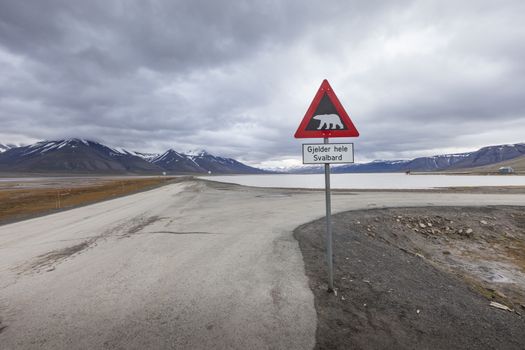 Warning sign polar bears, Spitsbergen, Svalbard, Norway

