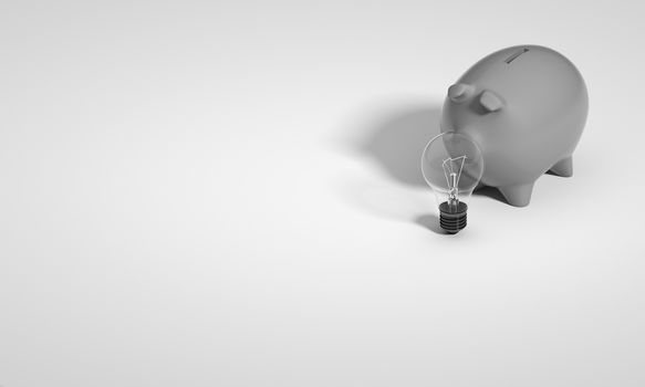 UNLIT LIGHT BULB AND PIGGY BANK ON WHITE PLAIN BACKGROUND