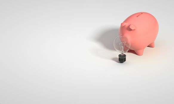 UNLIT LIGHT BULB AND PIGGY BANK ON WHITE PLAIN BACKGROUND