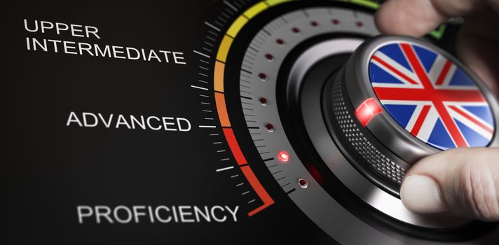 Man turning button with english flag up to proficiency level. Scale of language and progress measurement cncept. Composite image between a hand photography and a 3D background.