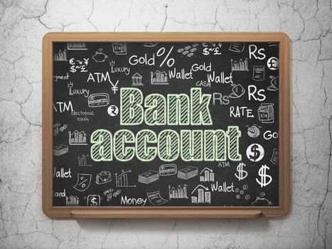 Currency concept: Chalk Green text Bank Account on School board background with  Hand Drawn Finance Icons, 3D Rendering