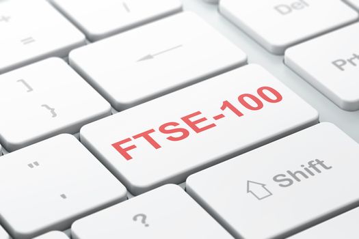 Stock market indexes concept: computer keyboard with word FTSE-100, selected focus on enter button background, 3D rendering