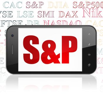 Stock market indexes concept: Smartphone with  red text S&P on display,  Tag Cloud background, 3D rendering