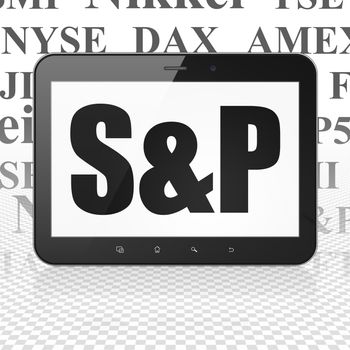Stock market indexes concept: Tablet Computer with  black text S&P on display,  Tag Cloud background, 3D rendering
