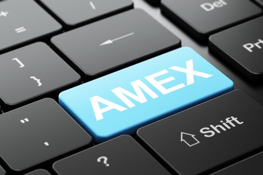 Stock market indexes concept: computer keyboard with word AMEX, selected focus on enter button background, 3D rendering