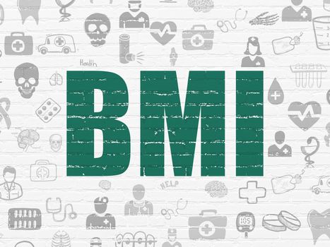 Healthcare concept: Painted green text BMI on White Brick wall background with  Hand Drawn Medicine Icons