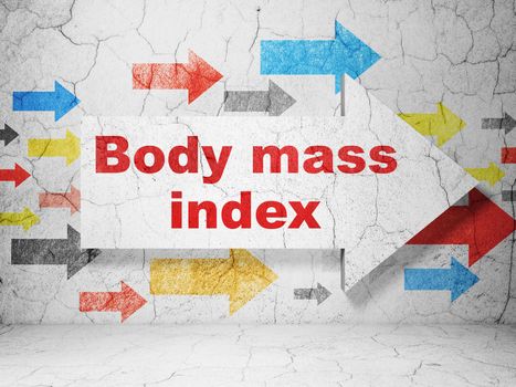 Health concept:  arrow with Body Mass Index on grunge textured concrete wall background, 3D rendering