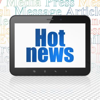 News concept: Tablet Computer with  blue text Hot News on display,  Tag Cloud background, 3D rendering