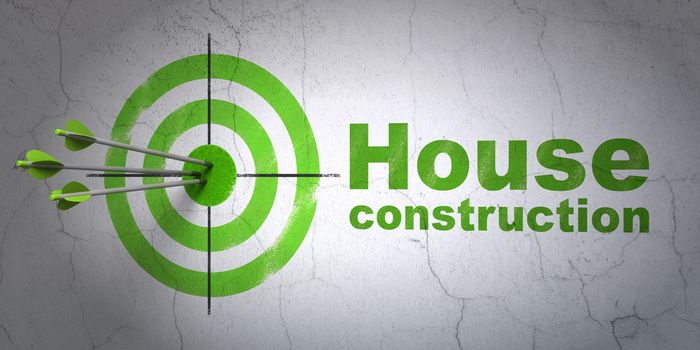 Success building construction concept: arrows hitting the center of target, Green House Construction on wall background, 3D rendering