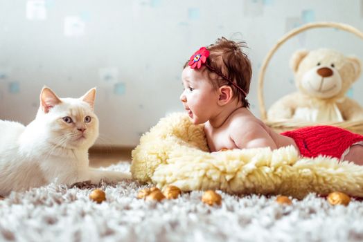 naked baby lying on soft blanket and watching a cat