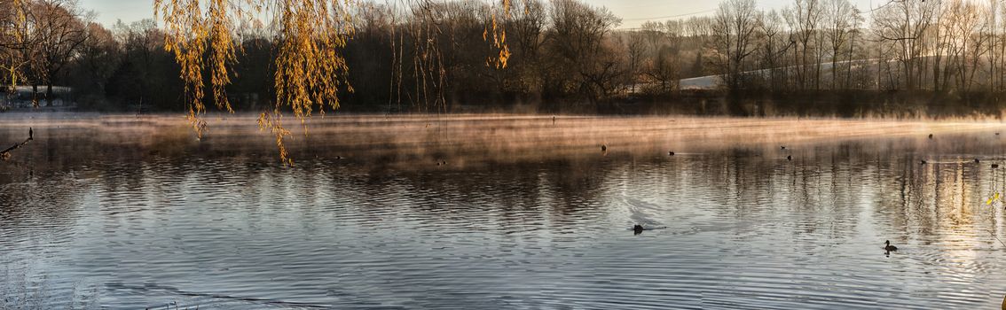 Panorama, Morning fog and sun reflection on a small lake Abtskuecher pond called in Heiligenhaus, Germany.