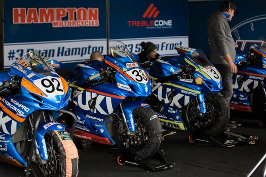 MELBOURNE/AUSTRALIA - OCTOBER 1, 2016: Some of the Supersport bikes getting ready for qualifying at the YMF Australian Superbiike Championshihp Round 6 at Winton Raceway, October 1, 2016.