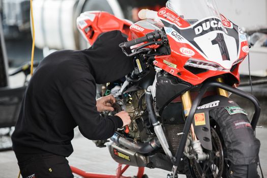 MELBOURNE/AUSTRALIA - OCTOBER 1, 2016: Some of the Supersport bikes getting ready for qualifying at the YMF Australian Superbiike Championshihp Round 6 at Winton Raceway, October 1, 2016.