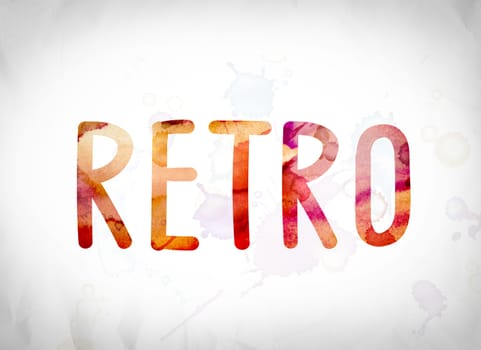 The word "Retro" written in watercolor washes over a white paper background concept and theme.