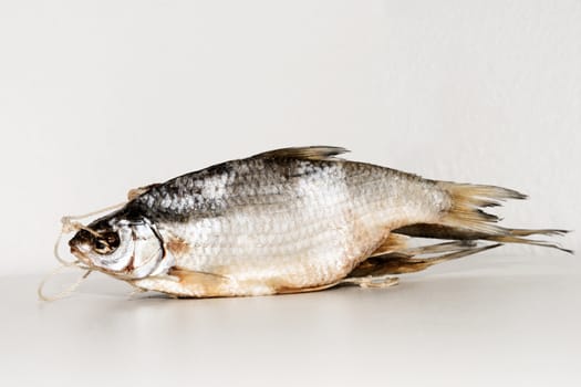 Dried fish on the table. Salty dry river fish on a white background. Dead dry salty fish - snack to beer. Isolated on white. .