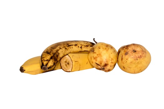 bananas and pears isolated on the white background, Whole banana, half banana. Banana on a white background. Pears on white.