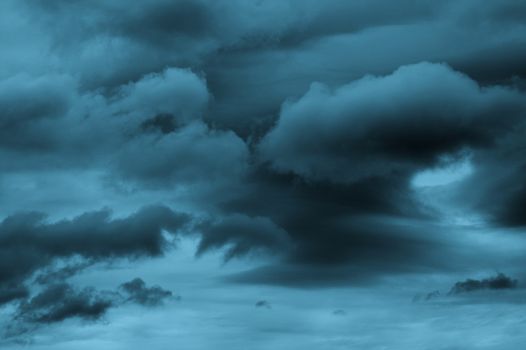 Dramatic Cloudy Sky with Lightning and Cumulus Clouds Outdoors. Turquoise Toned