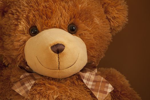 teddy-bear huge eyes smiling, brown plush toy, birthday gift, closeup portrait tie