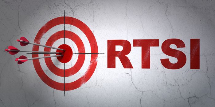 Success Stock market indexes concept: arrows hitting the center of target, Red RTSI on wall background, 3D rendering