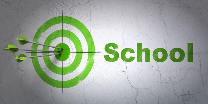 Success Education concept: arrows hitting the center of target, Green School on wall background, 3D rendering
