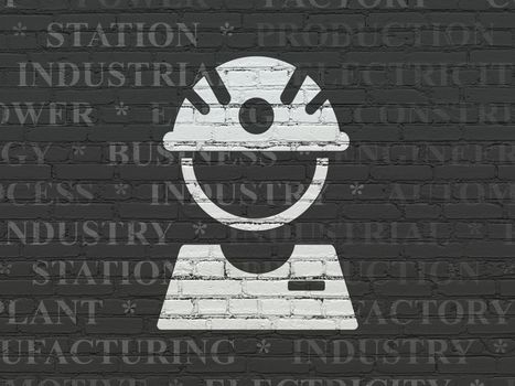 Industry concept: Painted white Factory Worker icon on Black Brick wall background with  Tag Cloud