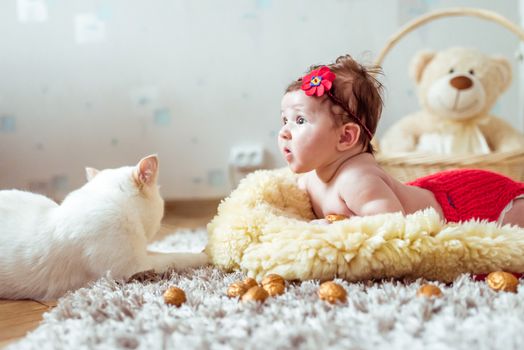 naked baby lying on soft blanket and watching a cat