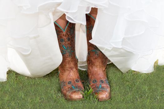 Brown Boots Under a White Wedding Dress
