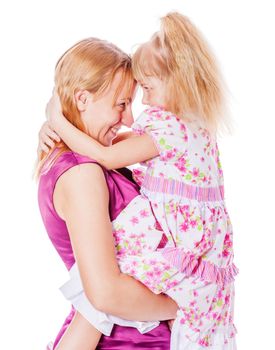 Mother with daughter sharing secrets isolated on white