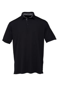 Black golf tee shirt with black and white collar for man on white background