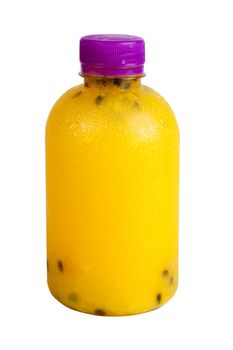 Passion fruit juice in plastic bottle. Isolated on white with work paths