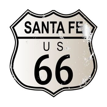 Santa Fe Route 66 traffic sign over a white background and the legend ROUTE US 66
