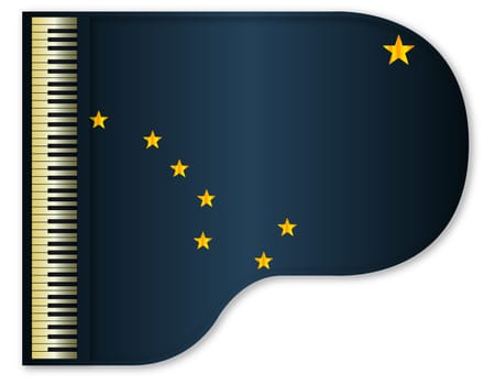 The Alaska state flag set into a traditional black grand piano