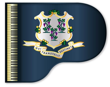 The Connnecticut state flag set into a traditional black grand piano