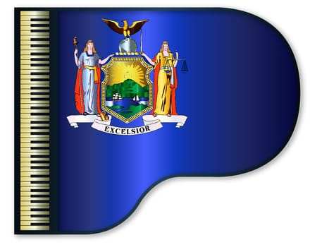 The New York state flag set into a traditional black grand piano